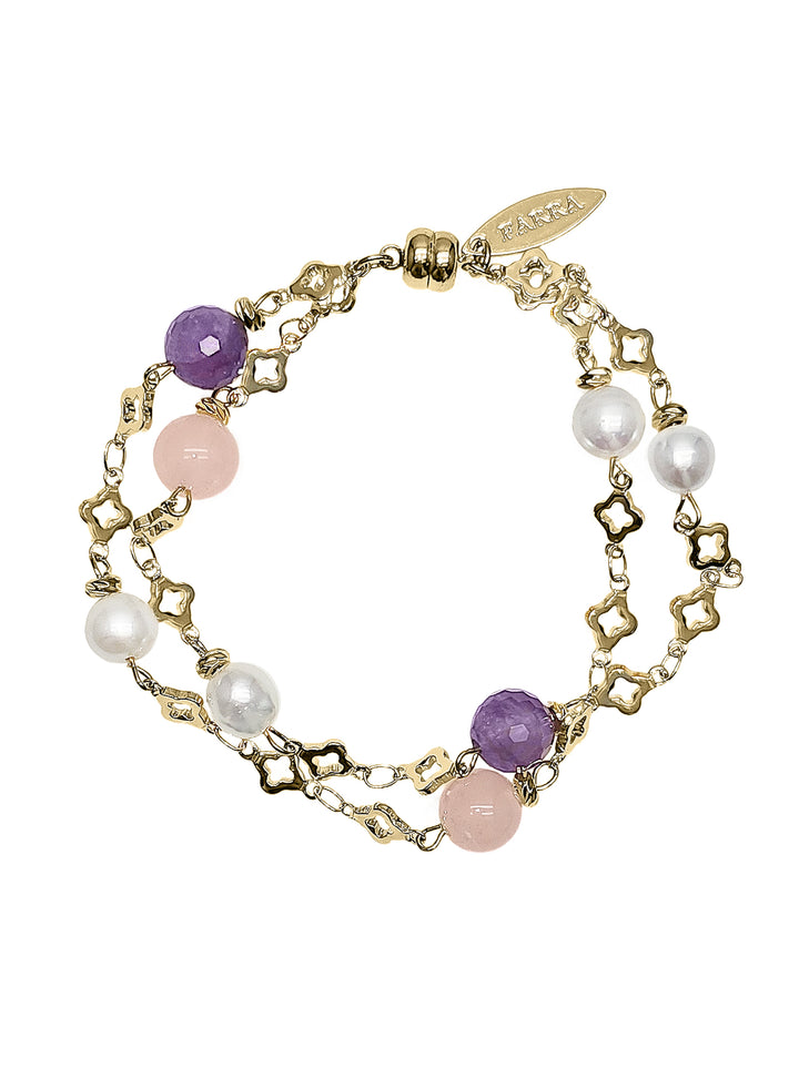 Rose quart Amethyst And Freshwater Pearl Double Layers Chain Bracelet RB015