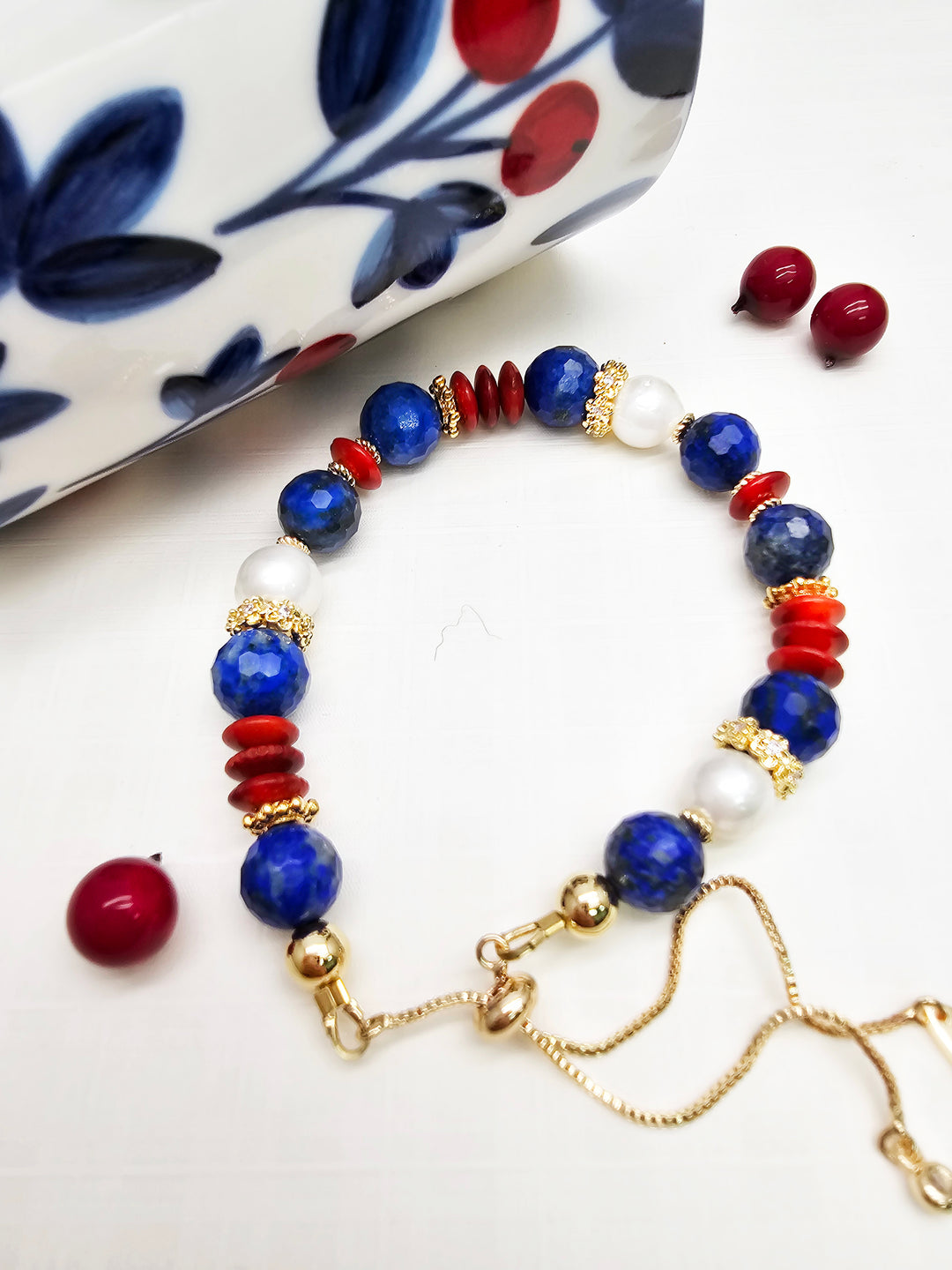 Lapis Red Bamboo Coral And Pearl Adjustable Slider Bracelet RB016