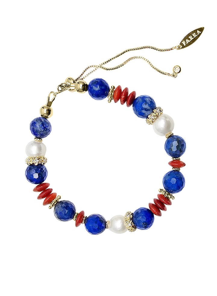 Lapis Red Bamboo Coral And Pearl Adjustable Slider Bracelet RB016