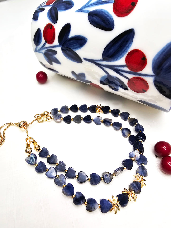 Double Layer Heart Sodalite Adjustable Slider Bracelet RB017