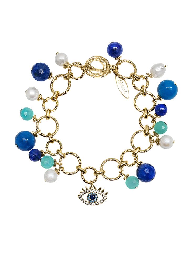 Lapis Lazuli Amazonite And Pearl Turkish Evil Eye Charm Bracelet RB018