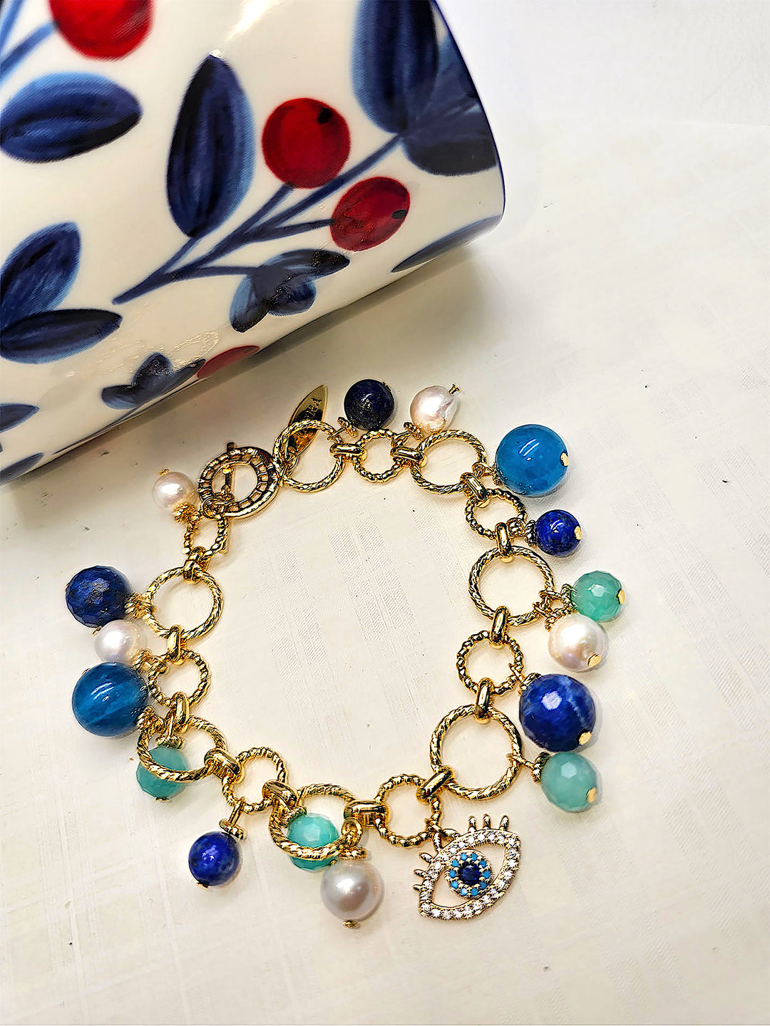 Lapis Lazuli Amazonite And Pearl Turkish Evil Eye Charm Bracelet RB018