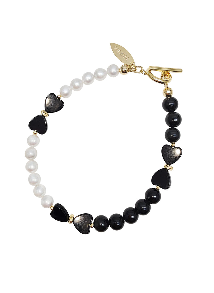 Bowknot Black Obsidian And White Freshwater Pearl Bracelet RB020