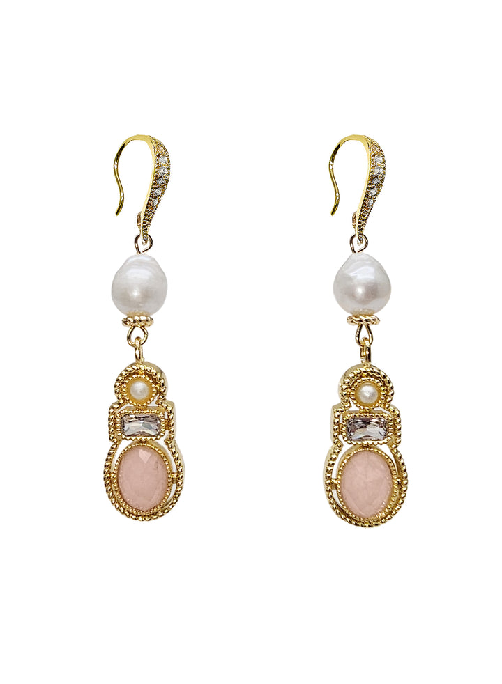 Bohemian Rose Quartz & Freshwater Pearl Drop Earrings RE013