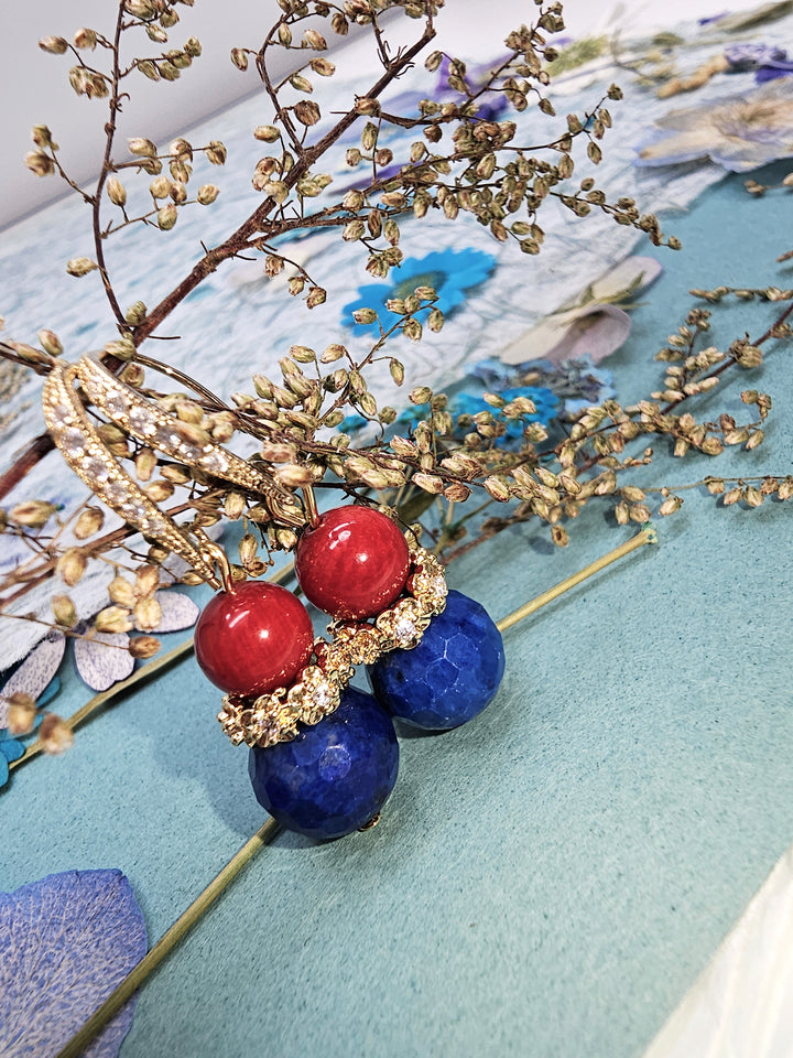 Lapis Lazuli & Red Bamboo Coral Drop Earrings RE023