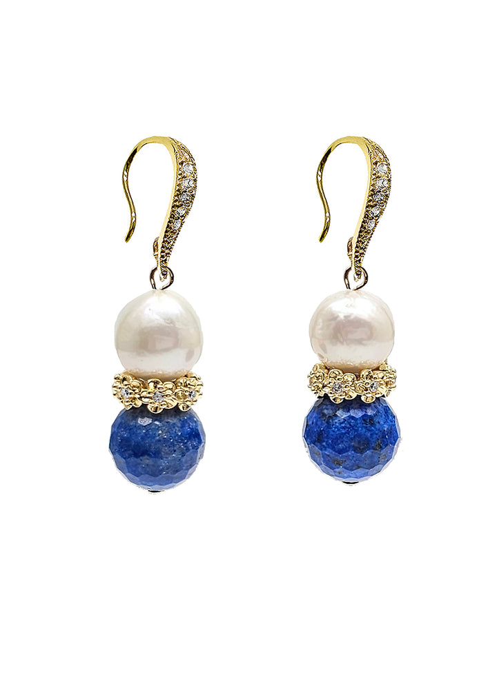 Royal Blue Lapis & Pearl Floral Dangle Earrings RE025