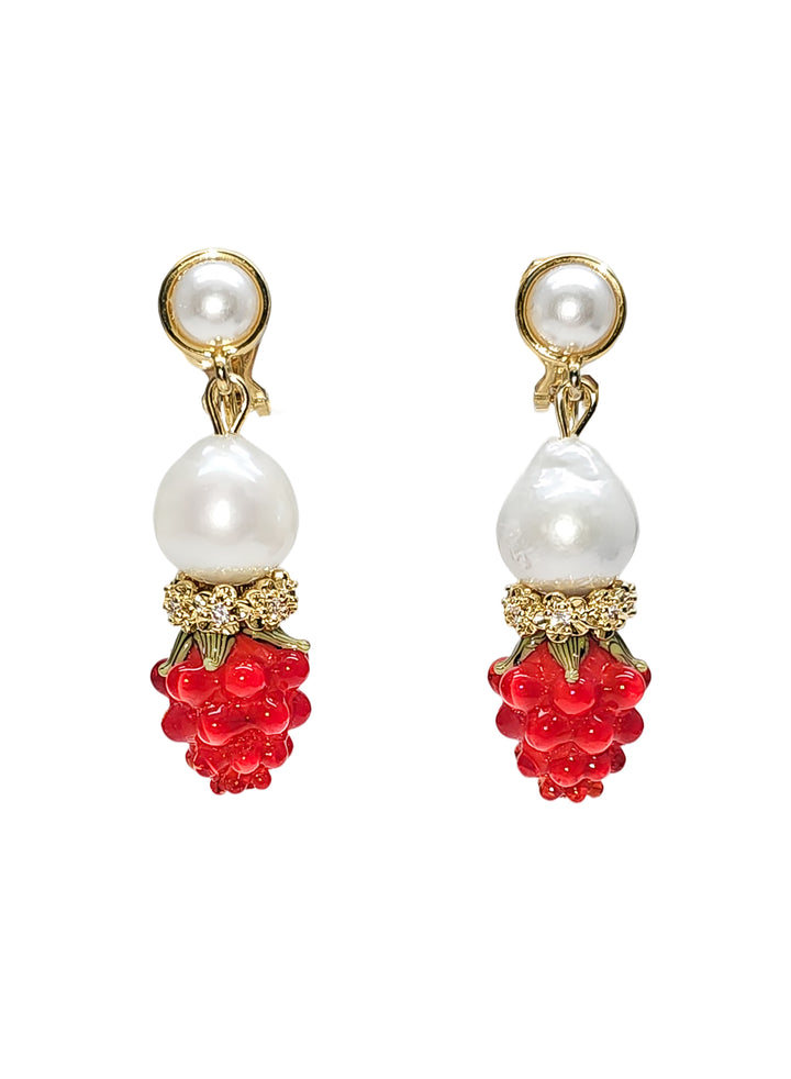 Raspberry With Freshwater Pearls Clip On Earrings RE026