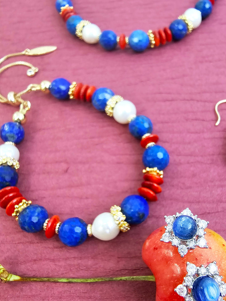 Lapis Red Bamboo Coral And Pearl Adjustable Slider Bracelet RB016