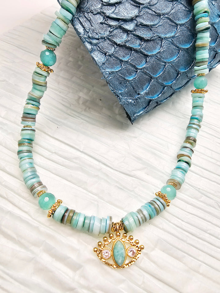 Green Shell With Turkish Evil Eye Pendant Necklace RN003