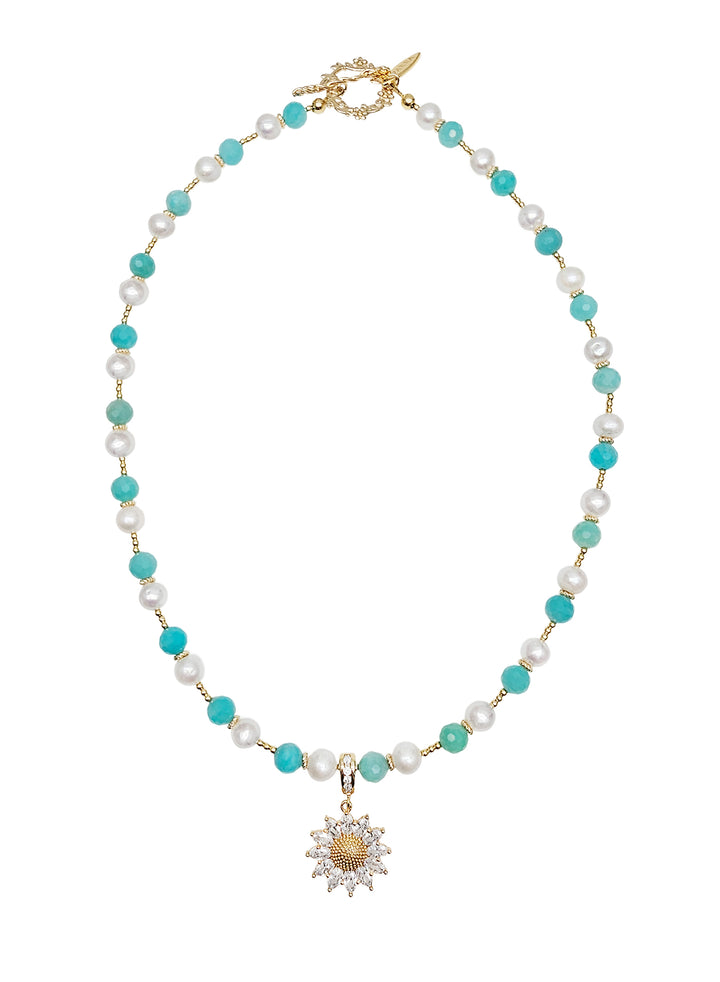 Freshwater Pearl & Green Amazonite Daisy Pendant Necklace RN004