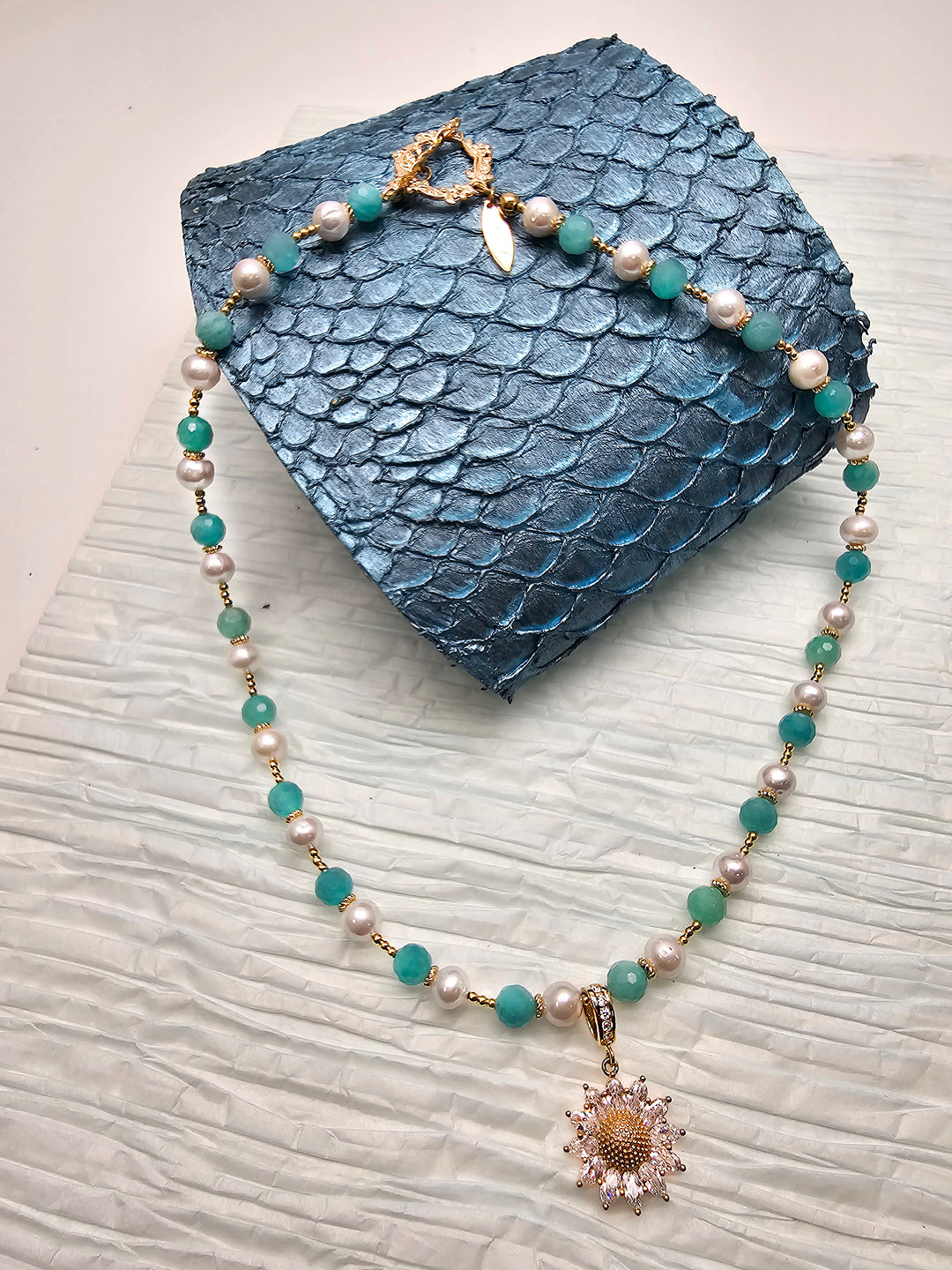 Freshwater Pearl & Green Amazonite Daisy Pendant Necklace RN004