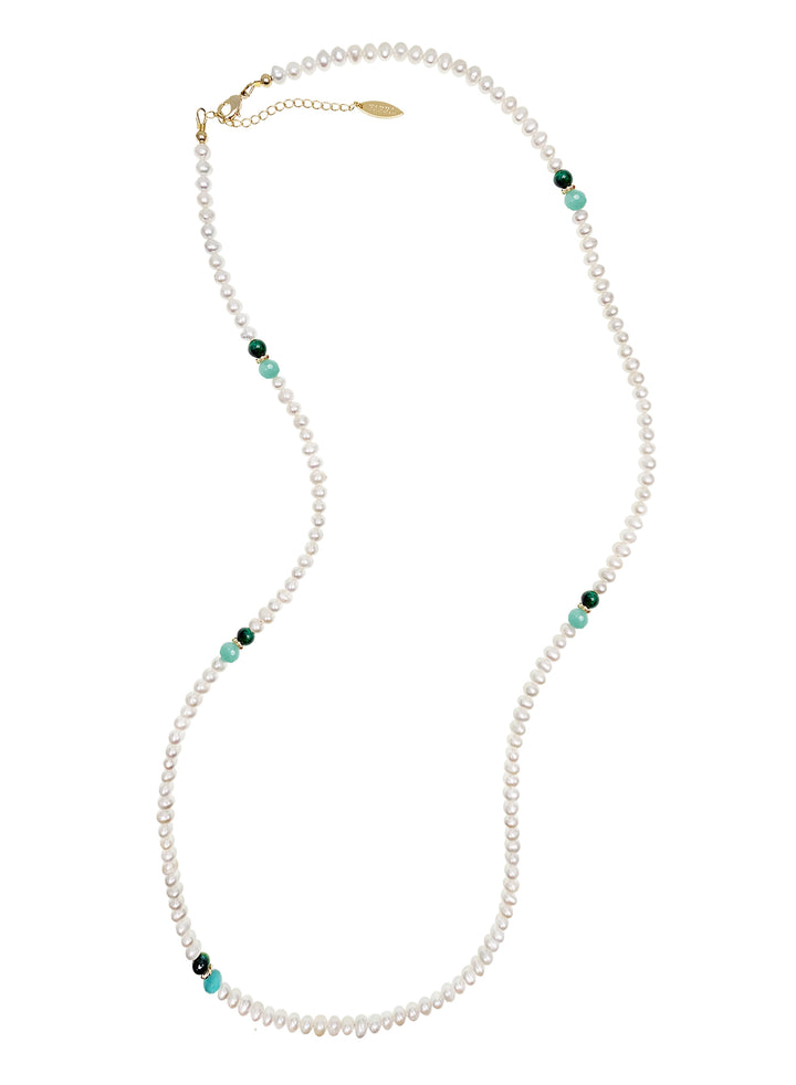 Versatile Freshwater Pearls With Green Gemstone Long Necklace RN005