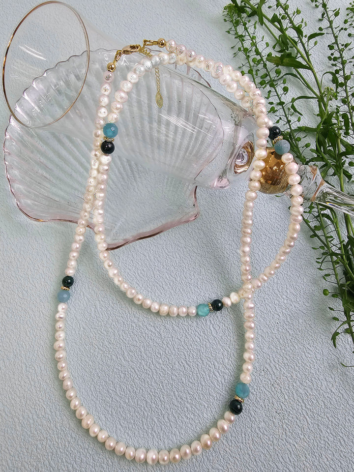 Versatile Freshwater Pearls With Green Gemstone Long Necklace RN005