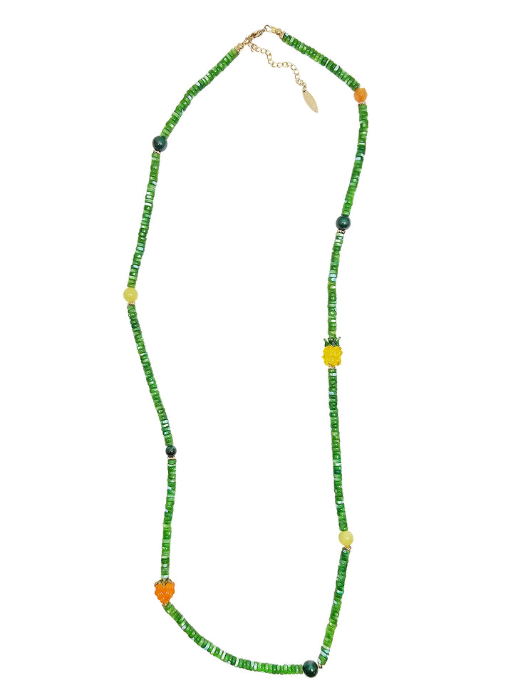 Colorful Gemstone And Fruit Charms Adorned Green Shell Necklace RN007