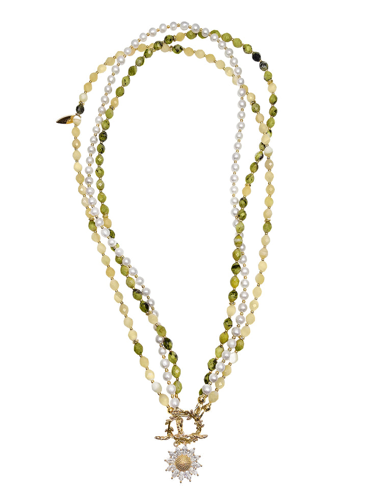 Yellow Green Gemstone And Pearls Necklace with Daisy Pendant OT Clasp RN009
