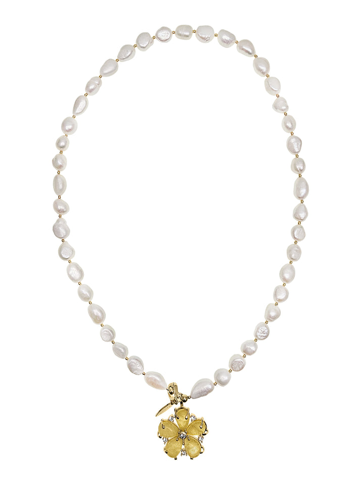 Irregular Freshwater Pearls With Citrine Flower Pendant Lariat Necklace RN011