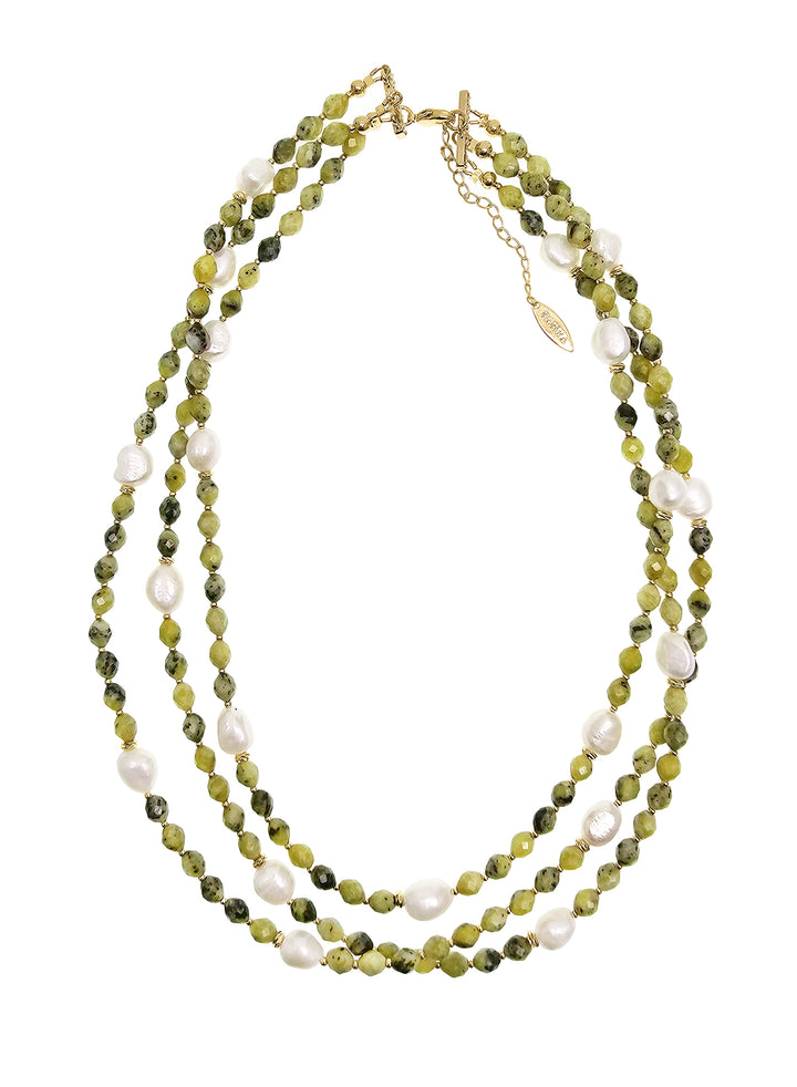 Green Gemstone With Pearls Multi-layers Necklace RN012