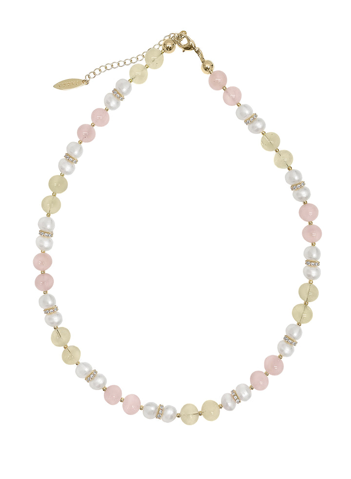 Pink Rose Quartz And Yellow Citrine With Pearls Necklace RN013