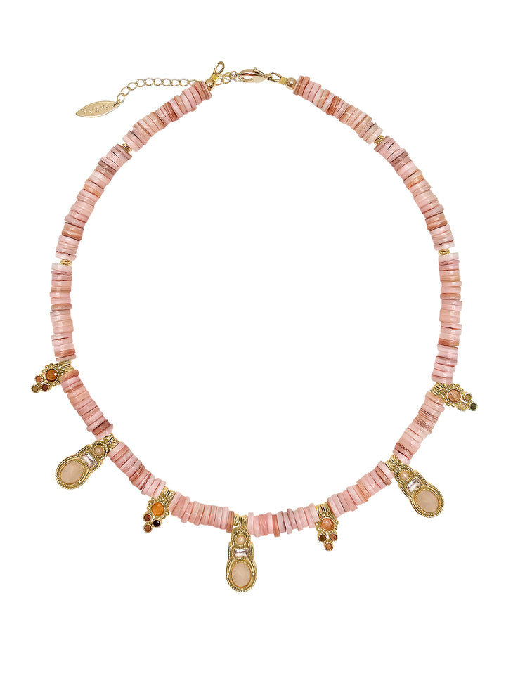 Bohemian Pink Shell With Rose Quartz Pendant Necklace RN014
