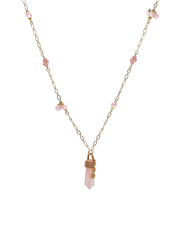 Wire-Wrapped Rose Quartz Pendant With Watermelon Flower Long Necklace RN016