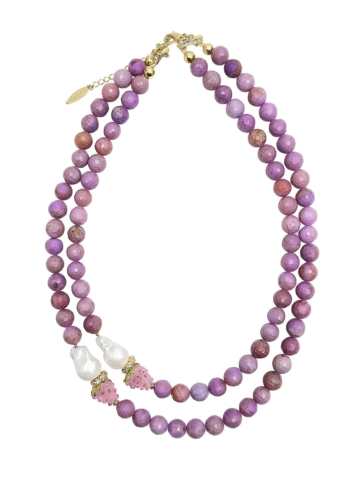 Pink Sugilite With Baroque Pearls And Raspberry Double Layers Necklace RN020