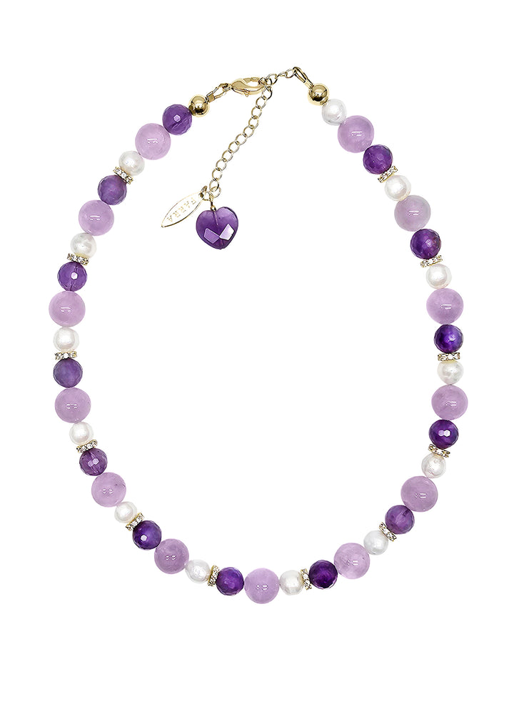 Mixed Shade Amethyst And Freshwater Pearl Beaded Necklace RN021