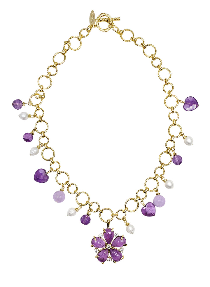 Amethyst Charm And Flower Pendant Necklace RN022