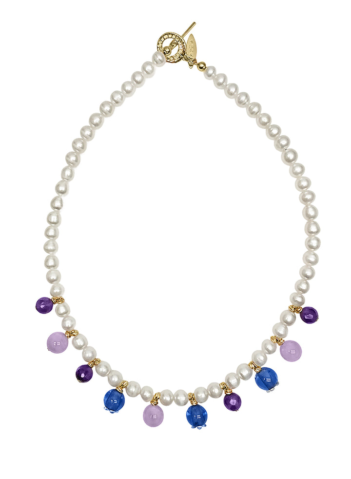 Freshwater Pearl With Blue Berry And Purple Amethyst Drop Necklace RN023