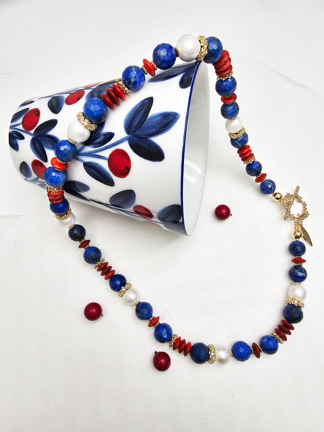 Blue Lapis Red Bamboo Coral And Pearls Color-mixed Necklace RN026