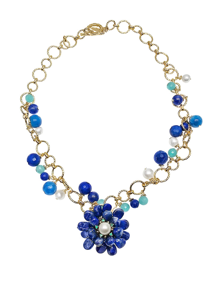 Removable Flower Lapis Brooch Pendant Statement Necklace RN028