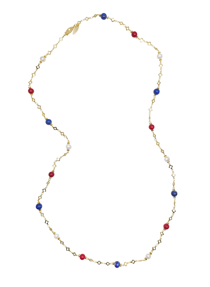Red Bamboo Coral And Blue Lapis Long Station Necklace RN030