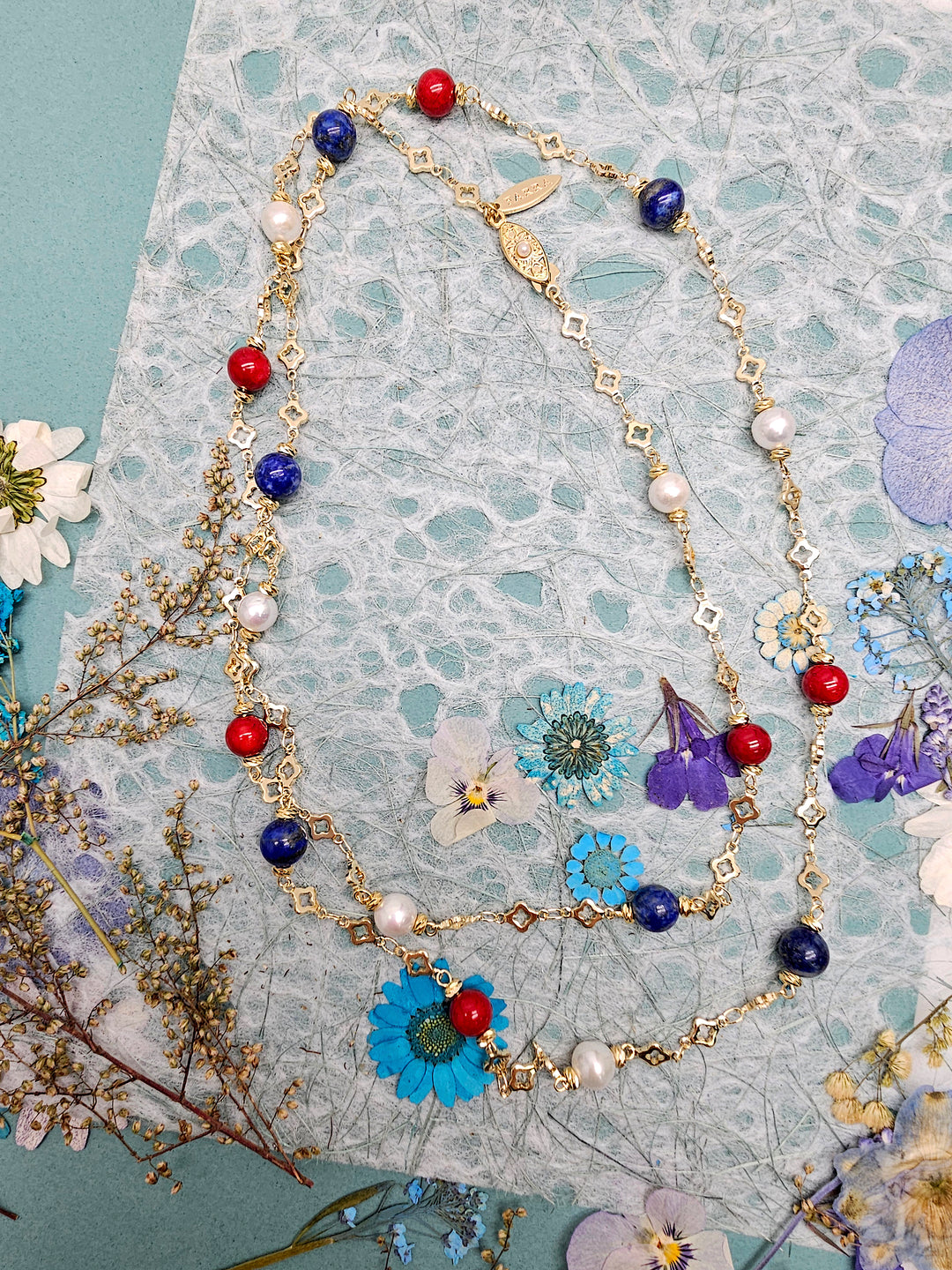 Red Bamboo Coral And Blue Lapis Long Station Necklace RN030