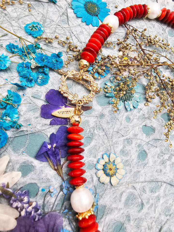 Red Bamboo Coral With Freshwater Pearls Necklace RN031