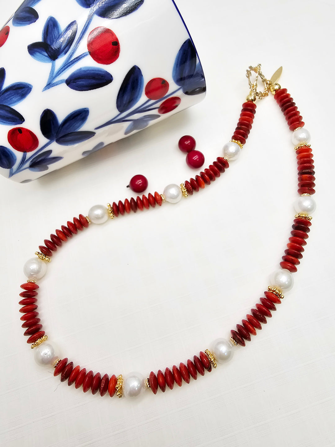 Red Bamboo Coral With Freshwater Pearls Necklace RN031