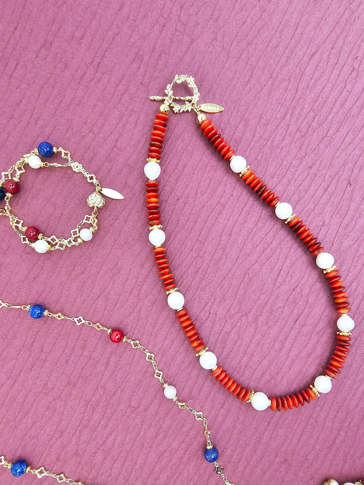 Red Bamboo Coral With Freshwater Pearls Necklace RN031