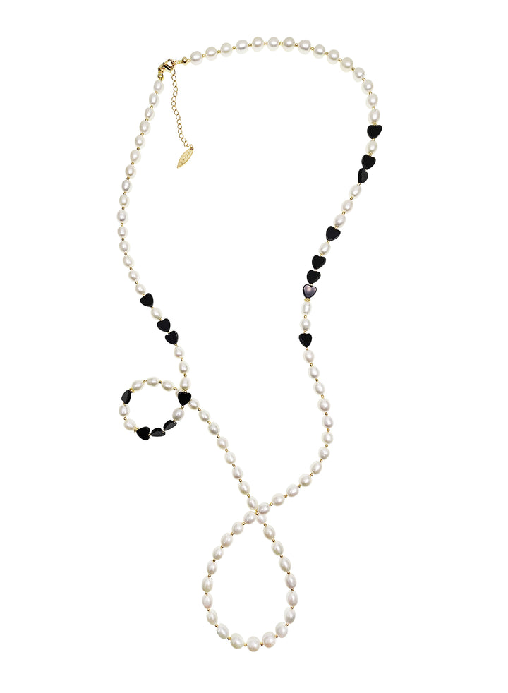 Freshwater Pearls With Heart Black Obsidian Long Necklace RN032