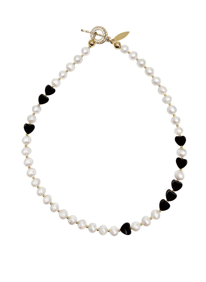 Freshwater Pearls With Heart Shaped Obsidian Choker Necklace RN034