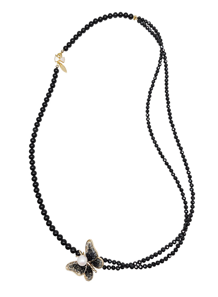 Versatile Black Obsidian Necklace With Removable Butterfly Pearl Brooch RN037