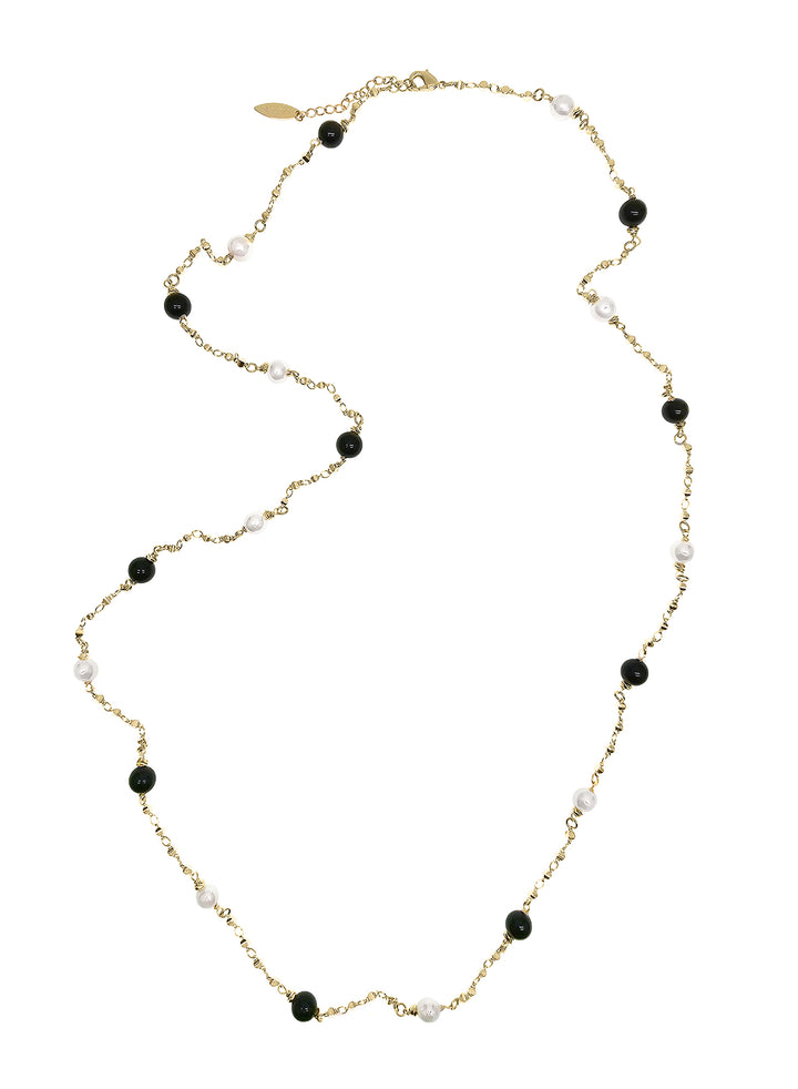 Black Obsidian And White Pearls Long Necklace RN039