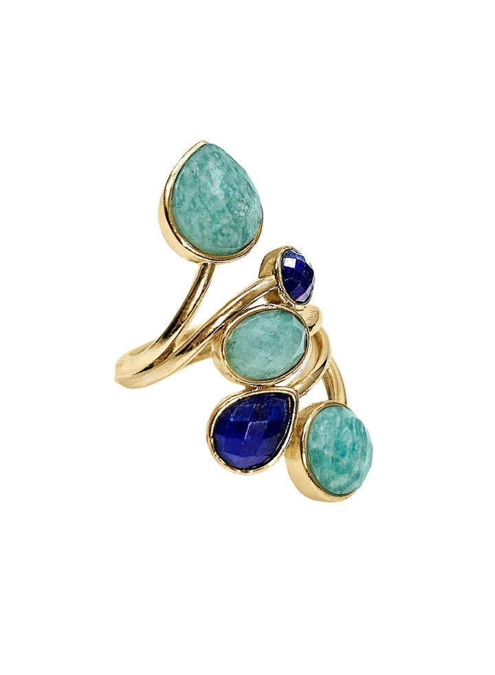 Amazonite And Lapis Cocktail Adjustable Ring RP001