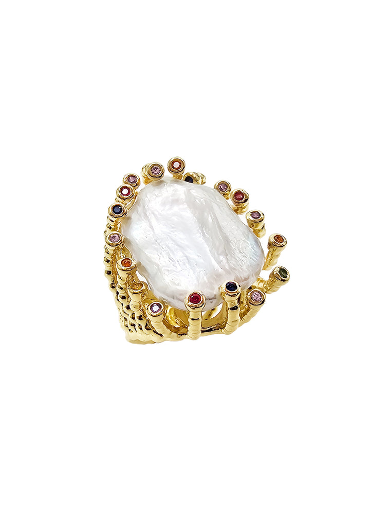 Flat Baroque Pearl With Colorful Zircon Cocktail Ring RP003