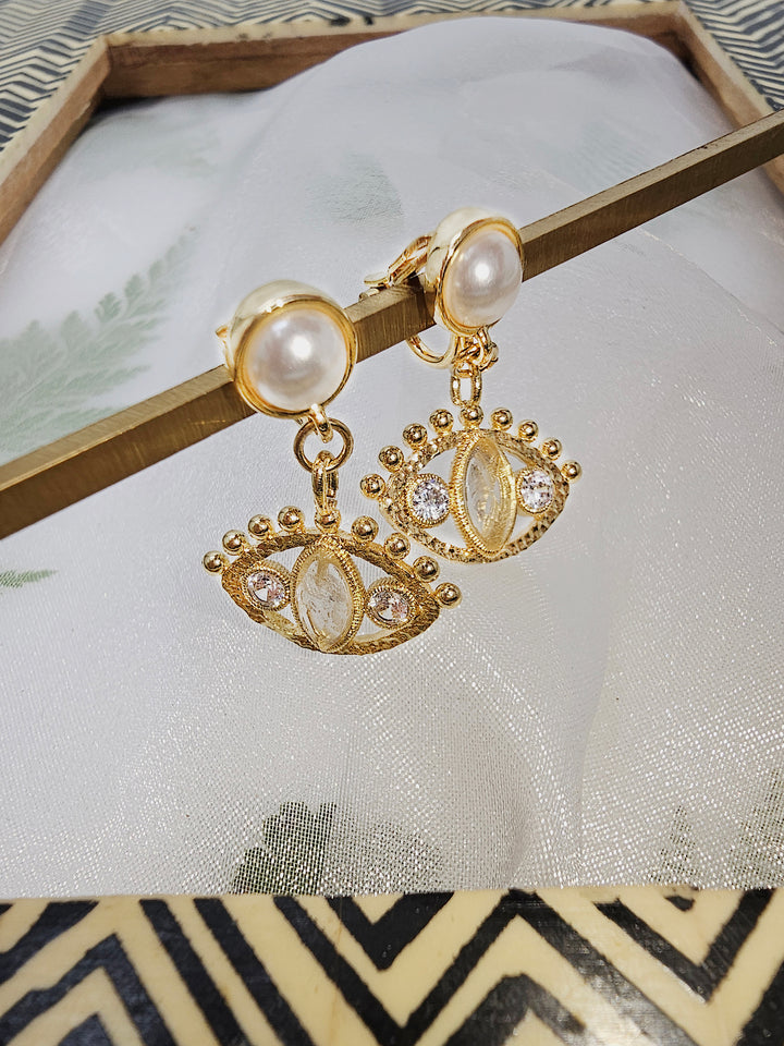 Turkish Evil Eye Adorned Citrine Stone Pearl Stud Earrings RE029