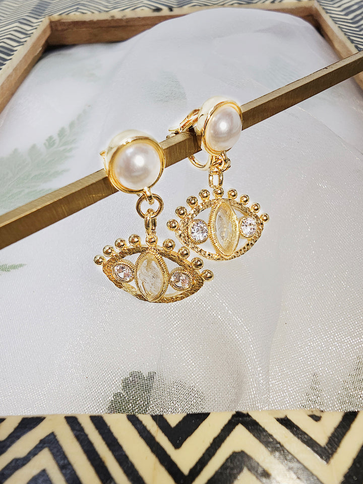 Turkish Evil Eye Adorned Citrine Stone Pearl Stud Earrings RE029
