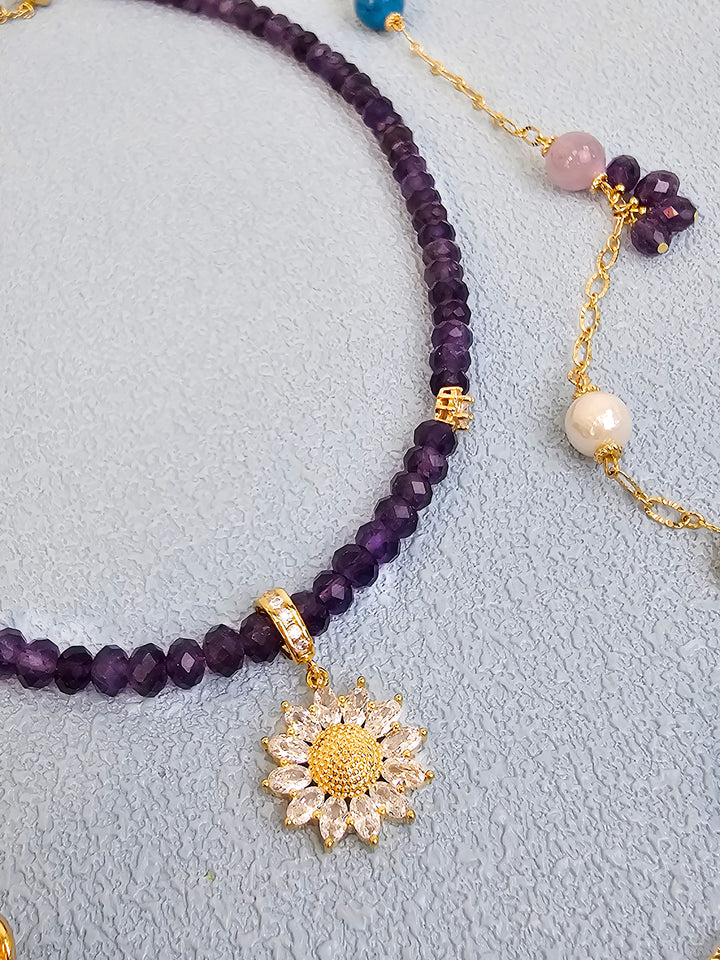Amethyst With Daisy Pendant Necklace RN024