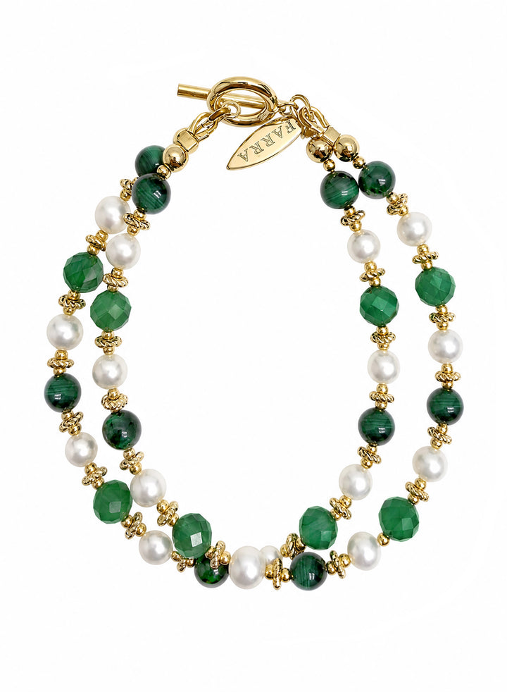Green Gemstone With Freshwater Pearl Double Layers Bracelet SB012