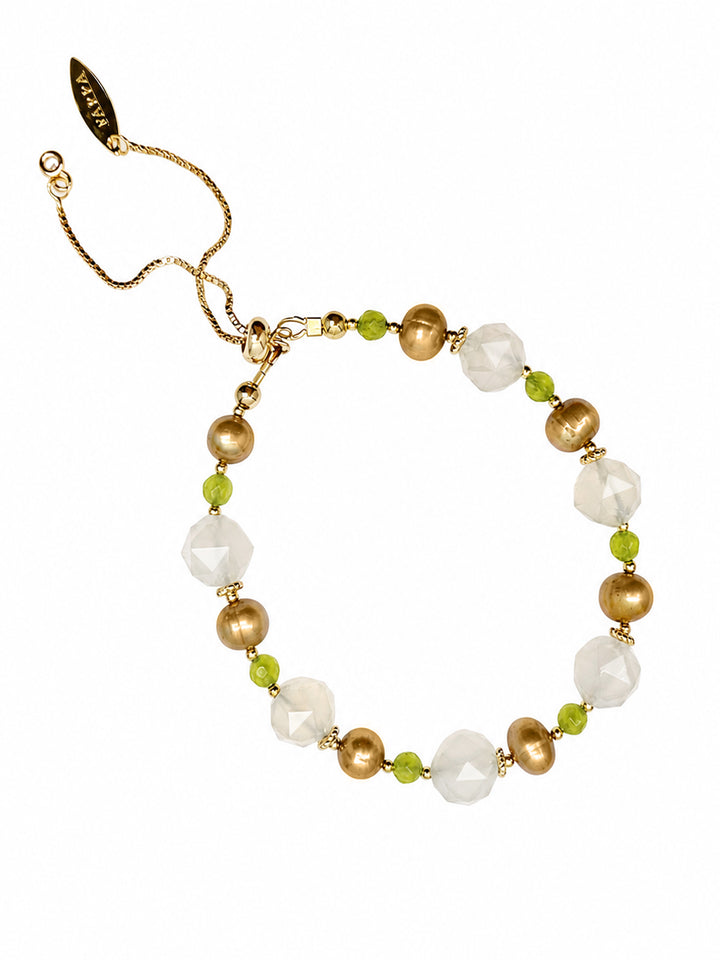 White Agate With Brown Freshwater Pearl Adjustable Bracelet SB017