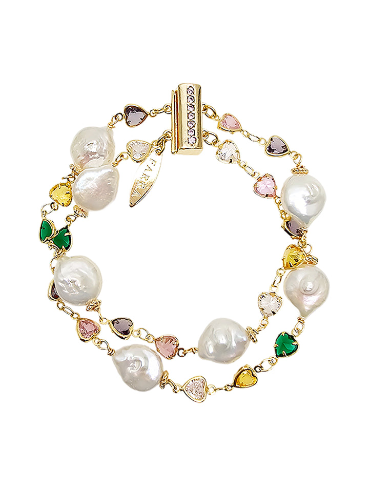 Colorful Zircon With Irregular Flat Baroque Pearls Double Layers Bracelet SB021