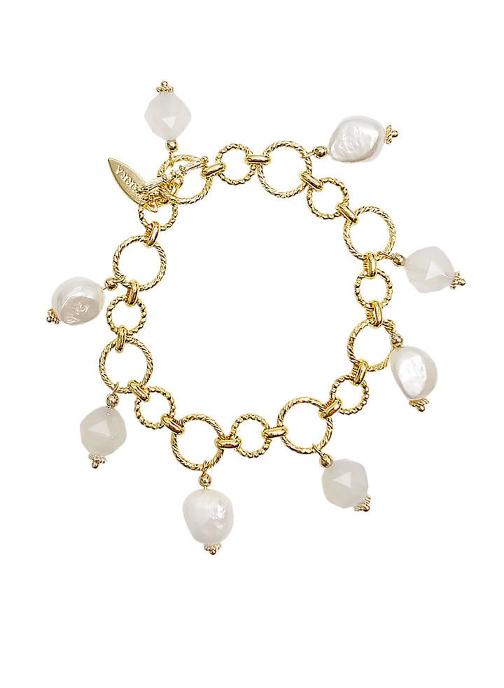 Freshwater Pearl And White Agate Charms Chain Bracelet SB022