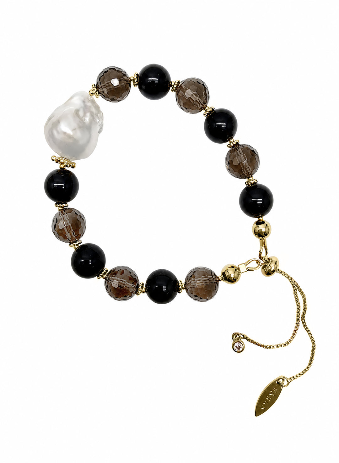 Black Obsidian And Smoky Quartz With Baroque Pearl Bracelet SB024