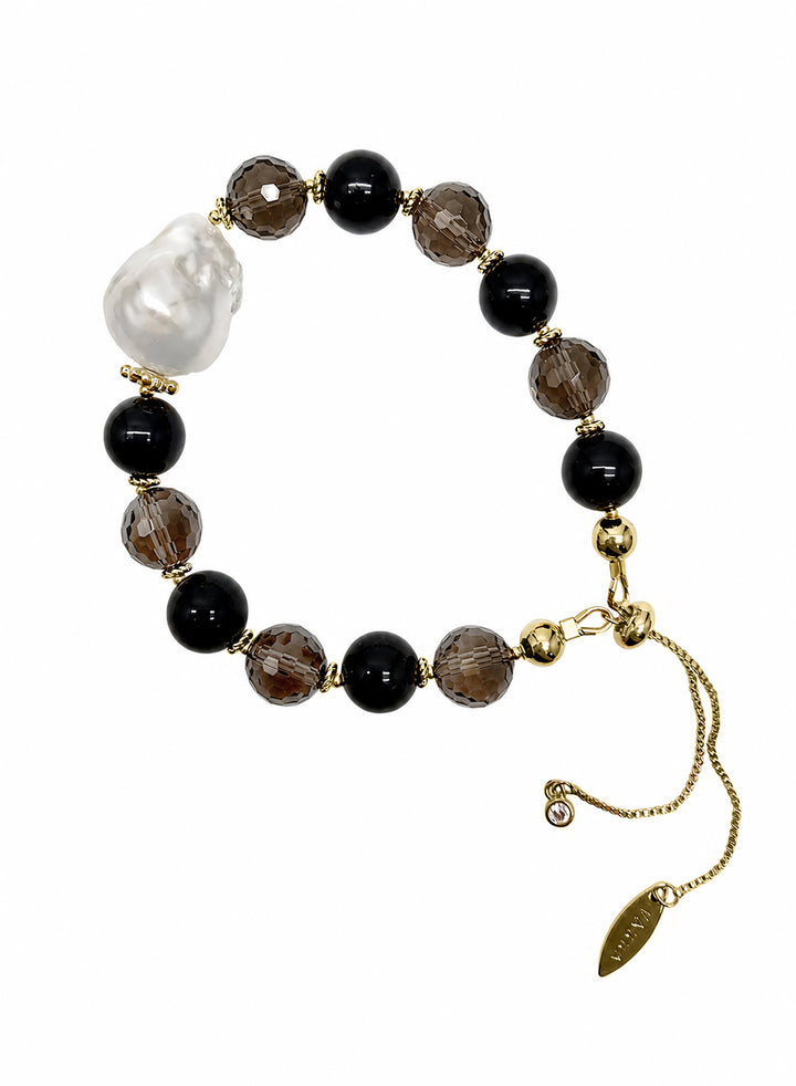 Black Obsidian And Smoky Quartz With Baroque Pearl Bracelet SB024